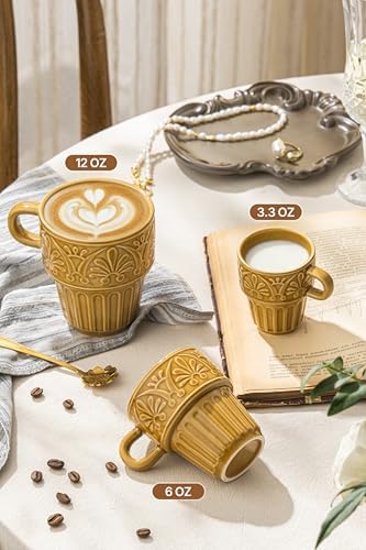LYEOBOH Ceramic Mugs, 12 OZ Khaki Coffee Mugs Set of 4, Stackable Mug, Microwave & Dishwasher Safe, Stylish Texture Design for Coffee Tea Milk, Ideal for Home Kitchen Party & Festival Gifting - Image 5