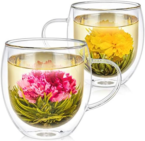 Teabloom Oversized Insulated Borosilicate Glass Mugs (17 oz / 500 ml) – Set Includes 2 Mugs + 2 Blooming Teas – Premium Quality Microwave Safe Glasses by Teabloom