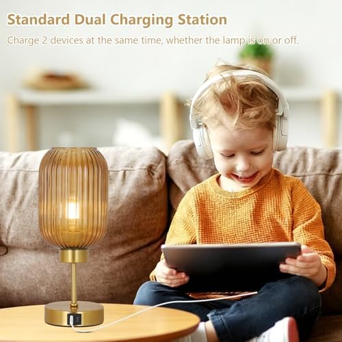 LAMSU Vintage Gold Touch Table Lamp, Small Desk Lamp with Amber Glass Shade, Bulb, Charging Port, Mid Century Modern Bedside Lamp, 3 Way Dimmable Nightstand Lamp for Bedroom Living Room Home Office - Image 6