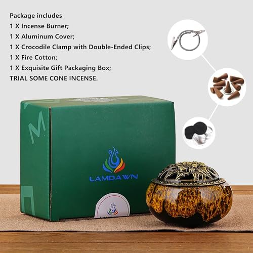 Incense Burner with Calabash Incense Stick Holder - Porcelain Charcoal Censer for Use with Resin Granular Powder Cone or Coil Incense (Kiln-Colored Yellow) - Image 3