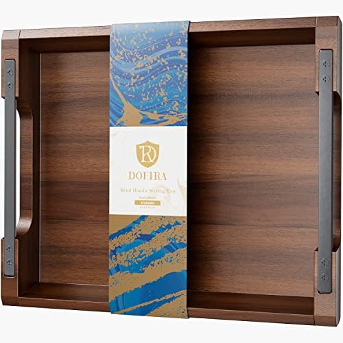 Acacia Wood Serving Tray with Metal Handle, 17x13in Tray for Ottoman by Dofira