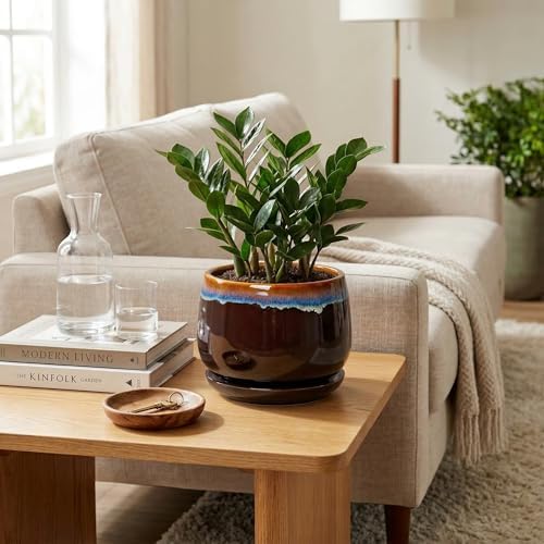 Ceramic Planter, 7 Inch Plant Pots with Drainage, Brown-Blue - Image 3