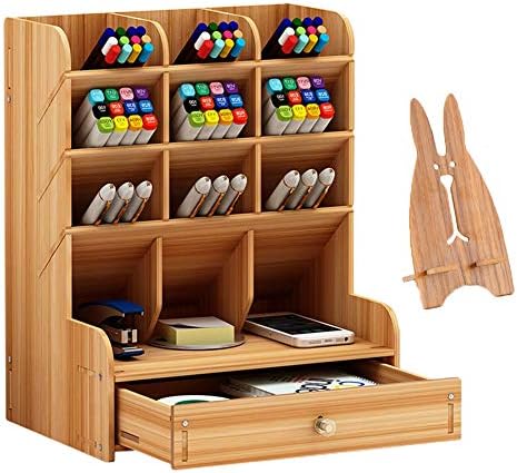 Marbrasse Wooden Desk Organizer, Multi-Functional DIY Pen Holder, Organizer for desk, Desktop Stationary, Easy Assembly, Home Office Art Supplies Storage with Drawer (B11-Cherry Color) by Marbrasse