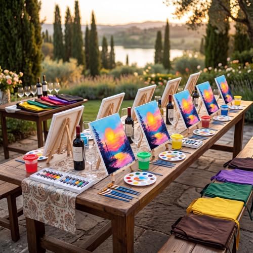 Cholemy 8 Set Paint and Sip Kit for Adults 8'' x 10'' Pre Drawn Canvas with Wooden Easels Acrylic Paint Brushes Wash Cup Palette Apron for Painting DIY Date Night Party Supplies (Sunset Lake) - Image 5