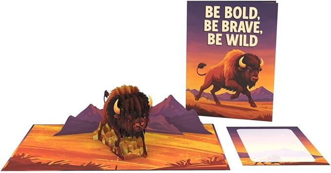 iGifts And Cards Be Bold Be Brave Be Wild Bison Pop Up Card – 3D Buffalo Mountain Scene for Graduation, Promotion, New Job – Encouragement Gift for Men, Nature Lovers, Adventurers – 6”x8” w/Notecard