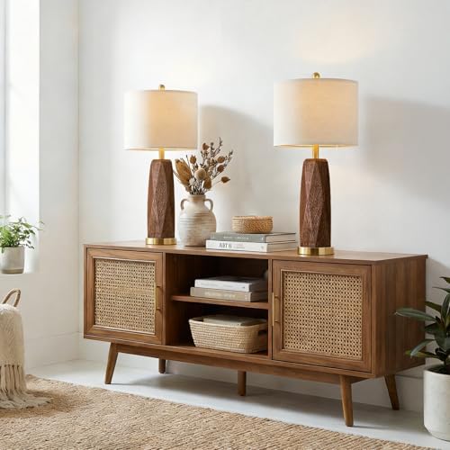 BOBOMOMO 27.5" Table Lamps Set of 2 with USB-A & USB-C Charging Ports, Wood Texture Resin Bedside Lamps with Linen Shade & Rotary Switch, Tall Nightstand Lamps for Bedroom, Living Room Office - Image 5
