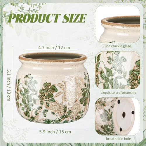Vintage Planter Large Ceramic Plants Pot Beige Green Leaves Pot - Image 2