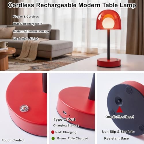 Cordless Table Lamp, Rechargeable Battery Operated Touch Control, Red - Image 4