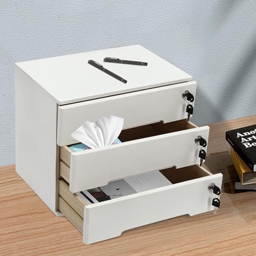 Wooden Desktop Storage Box with Lockable Drawers, Flat File Cabinet Drawer Desktop Storage Box, Countertop Storage Cabinet for Office Home Toiletries Supplies Vanity (White, 3 Drawer) - Image 4