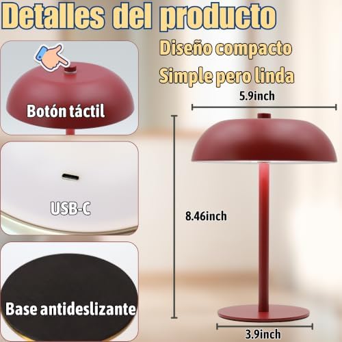 Cordless LED Mushroom Table Lamp, 5200mAh Battery, Dimmable 3 Color, Red - Image 3