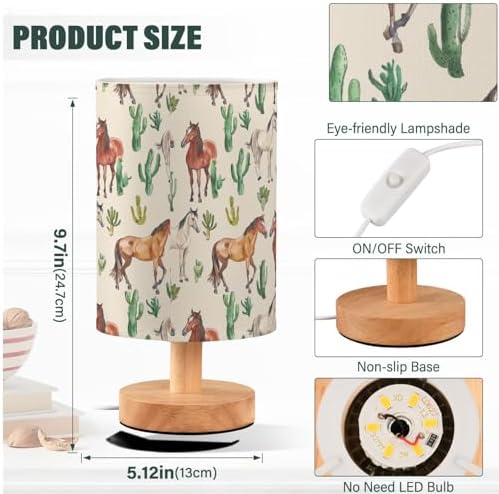Fustylead Various Horses and Cactus Watercolor Bedside Table Lamps with USB Port for Bedroom Lamp Table Lamp Small Nightstand Lamp Linen Shade Wooden Base Decorative Lamps for Kids|Reading|Dorm|Home - Image 4