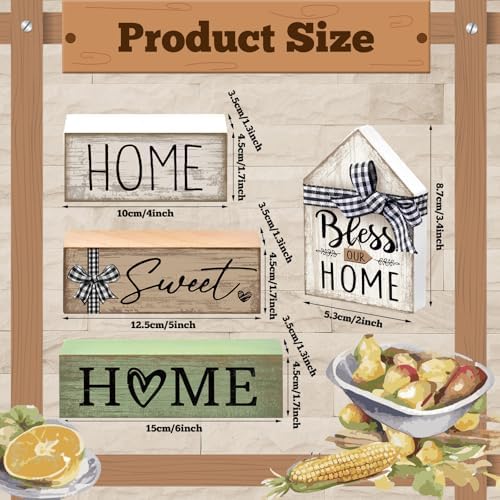 Moucuny 4 Pcs Wooden Farmhouse Table Decor Rustic Home Sweet Home Stacked Blocks Decoration Farmhouse Tiered Tray Decor Decorative Eucalyptus Block Signs Bless Gift for Kitchen Shelf Coffee Table - Image 5