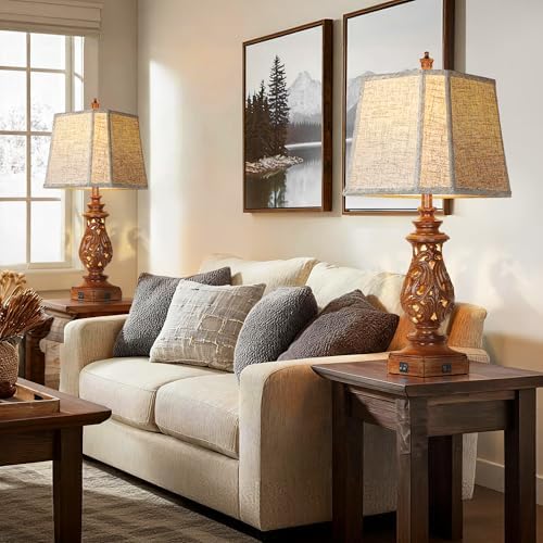 PARTPHONER 29" Table Lamps Set of 2, Bedside Lamps with USB A+C Ports & Night Light, Farmhouse Nightstand Lamps with Linen Fabric Shades for Bedroom Living Room, Wood Grain (LED Bulbs Included) - Image 6