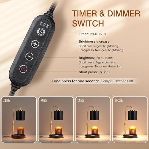 CASTLELIFE Dimmable Candle Warmer Lamp with Timer, Height Adjustable Candle Warmer for Jar Candles, Electric Wax Melt Warmer for Home Decor House Warming Gifts, Birthday Gifts for Women Black Gold - Image 3