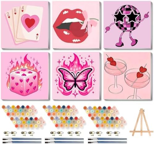 6 Pack Framed Adult Paint by Number Beginners with Wooden Easel,Pink Vintage Adults' Paint-by-Number Kits,Retro DIY Acrylic Paint Kit with Frame,Easy Paint by Numbers Canvas for Decor 8x8 inch by Canrichshop