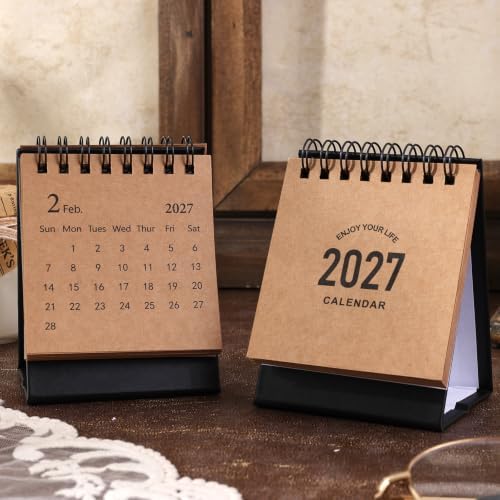 Mini Desk Calendar 2027-2028- Small Desktop Calendar January 2027 to June 2028, Mini Daily Schedule Thick Paper Twin-Wire Binding with Stickers for Home Office School (Kraft paper color) - Image 4