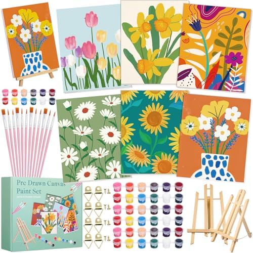 Engrowtic 57pcs Flower Sip and Paint Kit for Adults Pre Drawn Canvas Set by Engrowtic