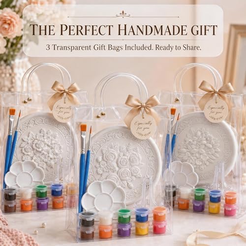 HuiBeans 3 Pcs DIY Floral Plaster Plate Painting Kit for Adults - 3D Flower Relief Plaques with 3 Display Stands, 6 Paint Strips, 9 Brushes, 3 Palettes & 3 Gift Bags - Ceramic-Like Home Decor - Image 5