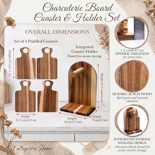 Acacia Wood Coasters Set of 4 with Holder, Mini Charcuterie Board Coasters, Decorative Wooden Drink Coasters for Coffee Table, Farmhouse Cottagecore Kitchen Decor, Housewarming Gift - Image 3