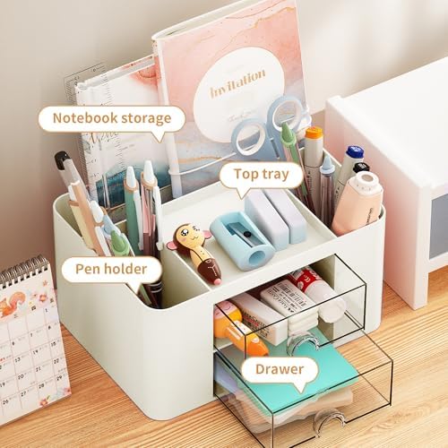 Marbrasse Pen Organizer with 2 Drawer, Multi-Functional Pencil Holder for Desk, Desk Organizers and Accessories with 5 Compartments + Drawer for Office Art Supplies (Beige) - Image 2