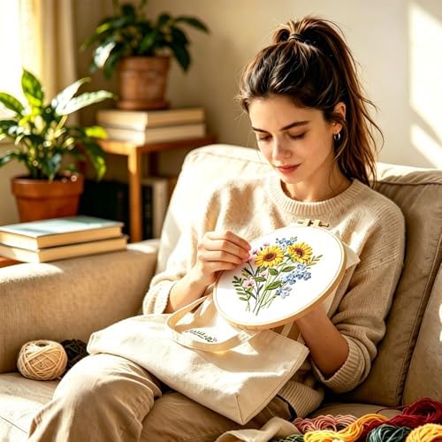Vigdit Canvas Tote Bag Embroidery Kit for Beginners, Needlepoint Cross Stitch Kit for Adult Beginner, DIY Reusable Grocery Bags Embroidery Starter Kit with Stamped Floral Tools & Instructions - Image 3