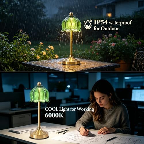 Set of 2 Cordless Green Glass Tulip Table Lamp - Image 6