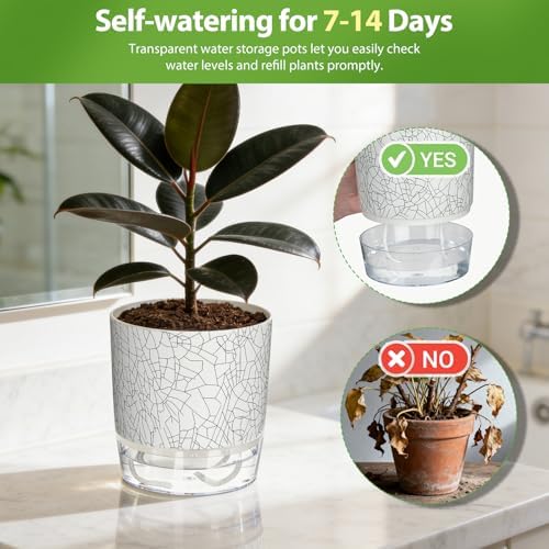 Self Watering Pots for Indoor Plants, 4/5.5 Inch Crackle Pattern Planters with Clear Water Reservoir & Wick System, 4 Pack Plastic Flower Pots for Succulents, Herbs, African Violets - Image 5