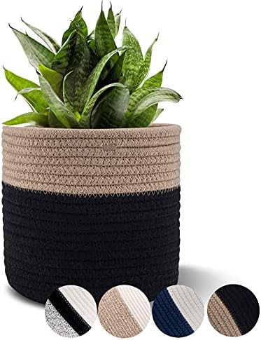 Woven Cotton Rope Plant Basket for 6" Pot H6 3/4" x W6 1/2" Black&Brown by Oradrem