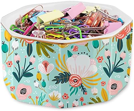 Ceramic Paper Clip Holder Gold Line Paper Clip Dispenser Organizer for Desk Cute Floral Pattern Office Binder Clip Holder Bobby Pin and Hair Clip Holder Gift for Office Mint Flowers - Image 7