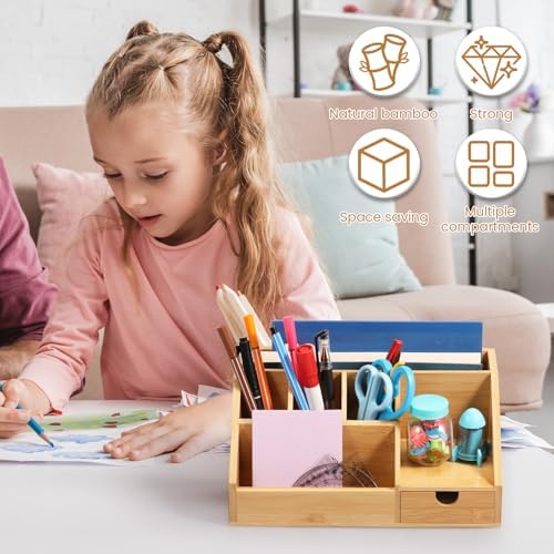 Bamboo Caddy Desk Organizer and Storage with Drawer and Compartment, Storage Shelf Rack Book Shelf for Home Office - Image 7