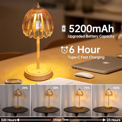 Shenmoyl Tulip Table Lamp with 5200mAh Battery & Touch Control, Small Cordless Table Lamp with 3 Colors, Rechargeable Battery Operated Table Lamps for Bedroom, Desk, Bedside (Amber-Beech Color) - Image 2