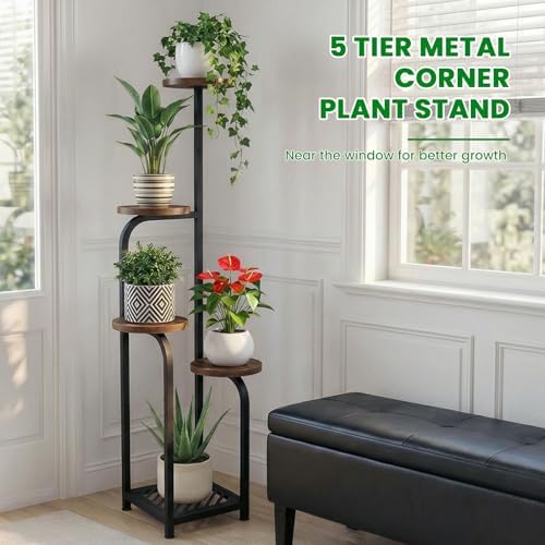 TOSKING Tall 5-Tier Corner Plant Stand Indoor, Anti-Tip,Brown & Black,47in - Image 5