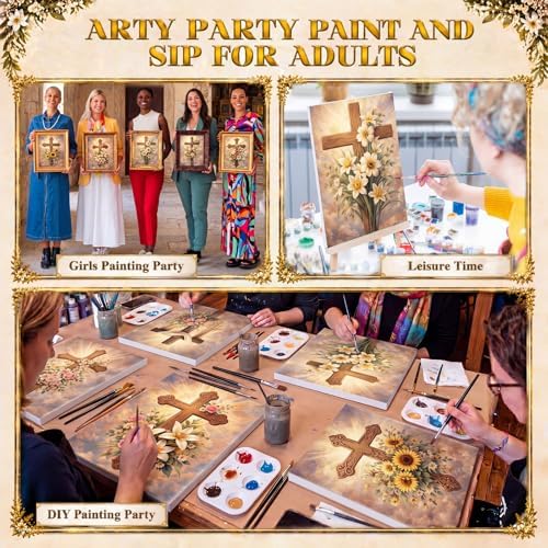 8 Sets 8" x 10" Cross and Flowers Pre Drawn Canvas for Painting for Sip and Paint Party Religious Floral Predrawn Coloring Set Pre Sketched Canvas Boards with Paints and Brushes for Adult - Image 5