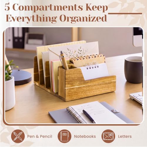 Novabright Acacia Wood Mail Organizer with Pen Holder, 6 Slot Desk File Organizer, Wooden Letter Sorter for Desk, Compact Desktop Document Holder for Home Office Storage Back to School - Image 3