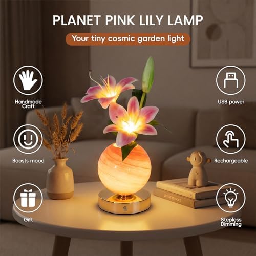 Lily Lamp Rechargeable Wireless Touch-Control Dimmable Faux Flower Desk Light, LED Glass Planet Vase Night Light, Kitchen Bedroom Office Decor, Housewarming Gift Women and Mom - Image 2