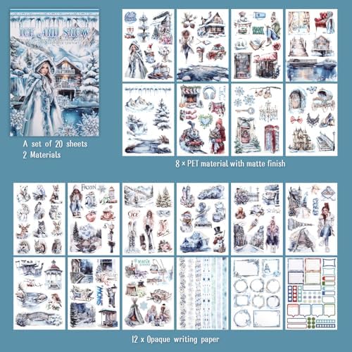 Precut Winter Aesthetic Scrapbook Sticker Book, 20 Sheets People Landscape Animal Snowflake Journaling Supplies for Adults Card Making Collage (Blue) - Image 2