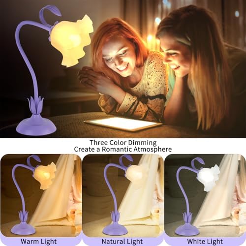Cute Flower Desk Lamp, 3 Color Temperature Table Lamp with LED Bulb, Vintage Bedside Lamps, Reading Lamps with Soft Light for Bedroom, Living Room（Purple） - Image 3