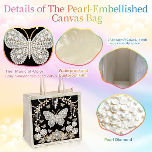 Xylzzuit DIY Pearl Painting Canvas Tote Bag Kit 11.42IN Diamond Art Handbag for Women Shopping Grocery Bag Dots Beads Art Craft Gift (Butterfly) - Image 3