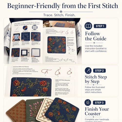 TMEGMIC Sashiko Embroidery Kit for Beginners, DIY Hand Stitching Coaster Making Craft Kit, Makes 10 Pcs in 4 Patterns (DIY Material Kit Only) - Image 4