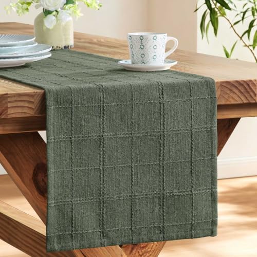 ZeeMart Linen Checked Farmhouse Table Runner, 13x60 Inches Army Green - Image 4