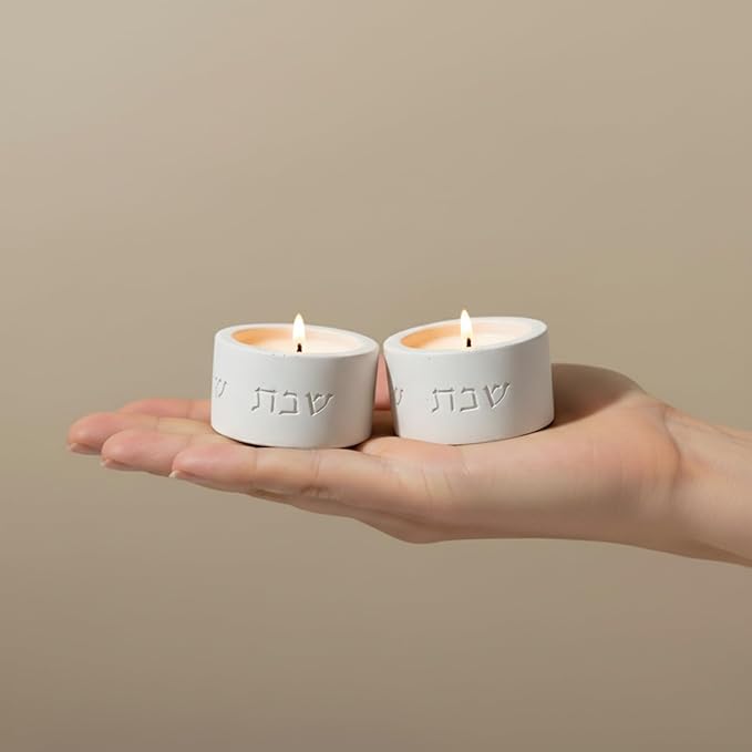 SURI Shabbat Candle Holders Set – Modern Judaica Shabbat Candlesticks for Tea Lights – Concrete Shabbos Candles Holders, Dripless Design – Jewish Gift & Home Decor