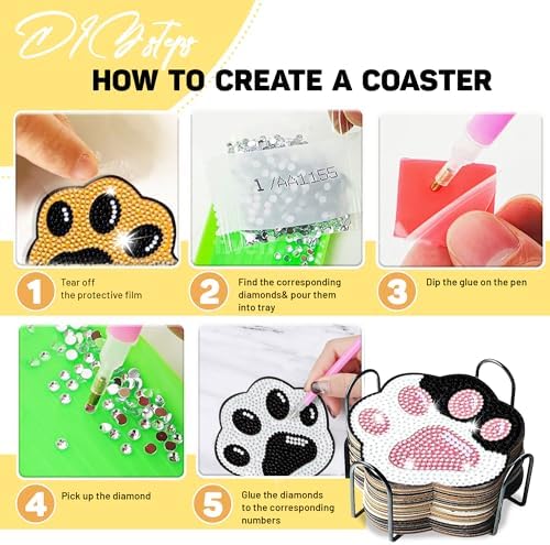 10 pcs Diamond Painting Coasters | Diamond Art Coasters | Cat Paw Diamond Art Painting | Perfect Art Craft Gift for Cat Lover, Dad, Mom, Grandparents, Brother, Sister. - Image 6