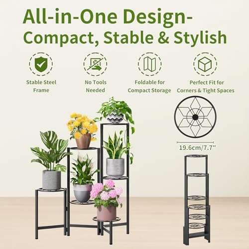 6 Tier Metal Plant Stands Outdoor Indoor, Heavy Duty Flower Pot Holder Potted Display Rack Shelf, Tall Corner Plant Shelf for Patio Garden Balcony Living Room Bedroom -BlackDiamond - Image 5