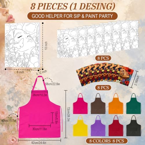 Cholemy 8 Set Paint and Sip Kit for Adults 8'' x 10'' Pre Drawn Canvas with Wooden Easels Acrylic Paint Brushes Wash Cup Palette Apron for Painting DIY Date Night Party Supplies (Butterfly Lady) - Image 3