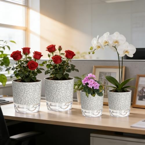 Self Watering Pots for Indoor Plants, 4/5.5 Inch Crackle Pattern Planters with Clear Water Reservoir & Wick System, 4 Pack Plastic Flower Pots for Succulents, Herbs, African Violets - Image 7