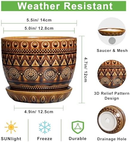 G EPGardening Ceramic Pot for Plants 5.5 Inch - Ceramic Plant Pot with Drainage Hole and Saucer, Boho Round Planter for Indoor Outdoor Plants, Plant Lover Gifts, Office Garden House Decor, Brown - Image 3