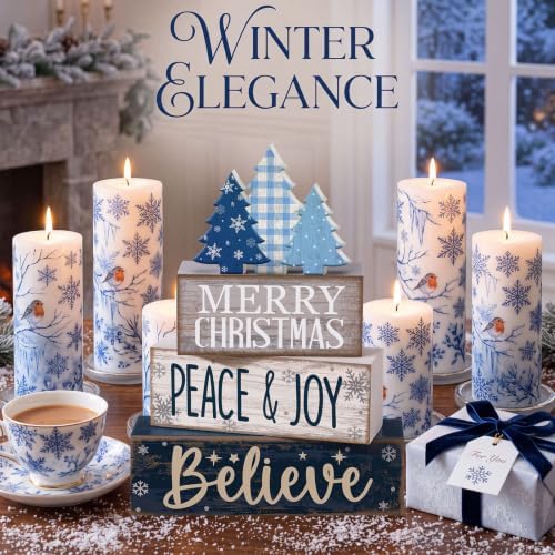 Moucuny 4 Pcs Christmas Table Decorations Blue Christmas Tree Stacked Wooden Sign Decor Rustic Winter Tiered Tray Decor Blue and White Xmas Table Centerpiece Farmhouse for Home Kitchen Shelf - Image 2