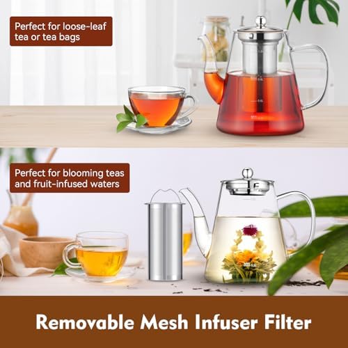 Glass Teapot, 1200ml (40oz) Tea Pot with Infuser for Loose Tea and Blooming Tea, Stovetop Safe Tea Kettle, Hand Crafted Borosilicate Glass Tea Maker with Scale Line, Tea Gift Set for Tea Lovers - Image 4
