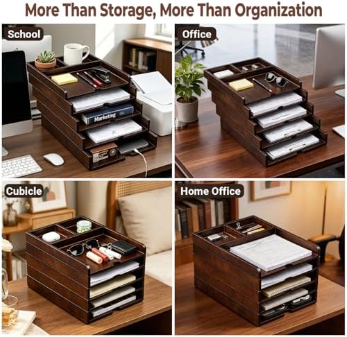 5-Tier Solid Wood Desk File Organizer, Paper Letter Tray Home and Office - Image 5