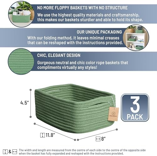NaturalCozy 11.8"x8"x4.5” Rectangle Storage Baskets for Shelves 3 Pack | Cotton Rope Woven Small Baskets for Organizing | Small Storage Bins for Nursery, Bathroom, Closet, Shelf, Decorative, Gift - Image 2